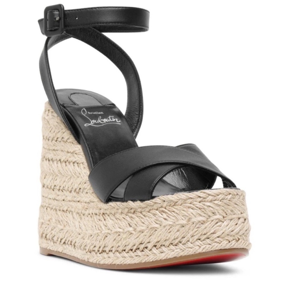 Christian Louboutin Black Leather Espadrille Wedge Sandals with Red Sole